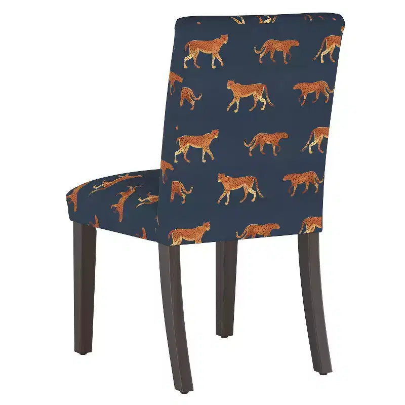 Upholstered Dining Chair with Animal Theme, Barrel Back, Rubberwood Legs, Linen Cotton Fabric