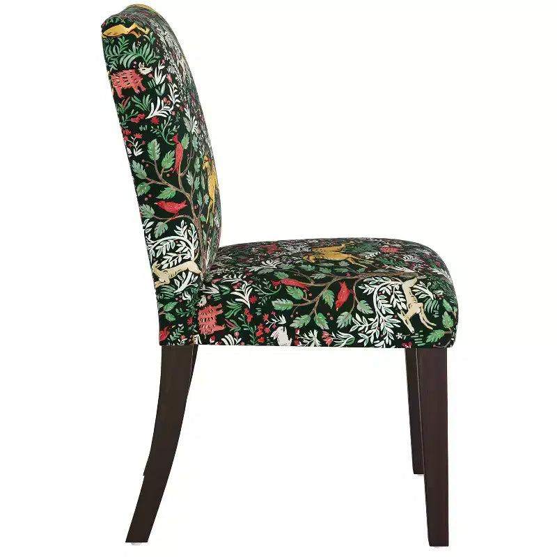 Upholstered Dining Chair with Animal Theme, Barrel Back, Rubberwood Legs, Linen Cotton Fabric