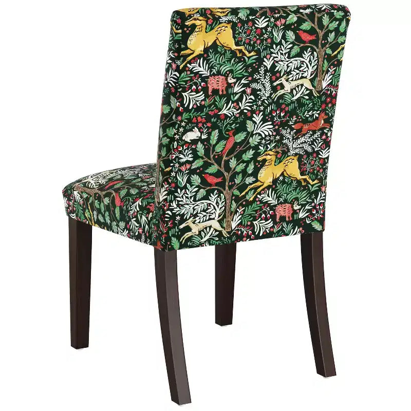 Upholstered Dining Chair with Animal Theme, Barrel Back, Rubberwood Legs, Linen Cotton Fabric