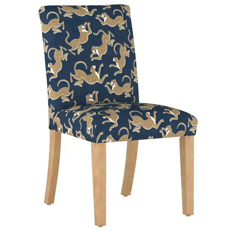 Upholstered Dining Chair with Animal Theme, Barrel Back, Rubberwood Legs, Linen Cotton Fabric