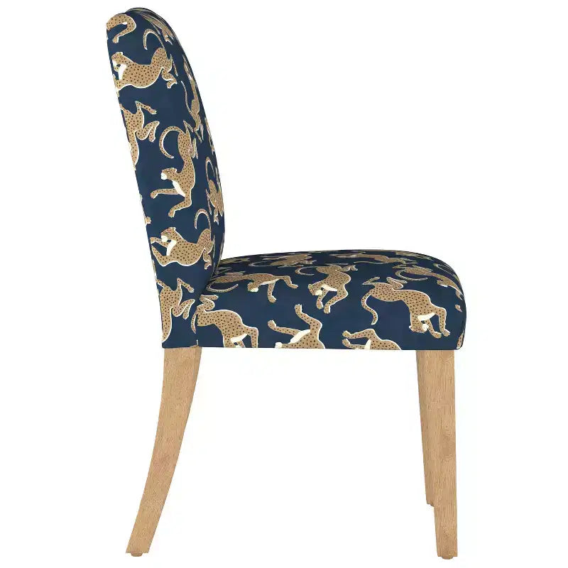 Upholstered Dining Chair with Animal Theme, Barrel Back, Rubberwood Legs, Linen Cotton Fabric