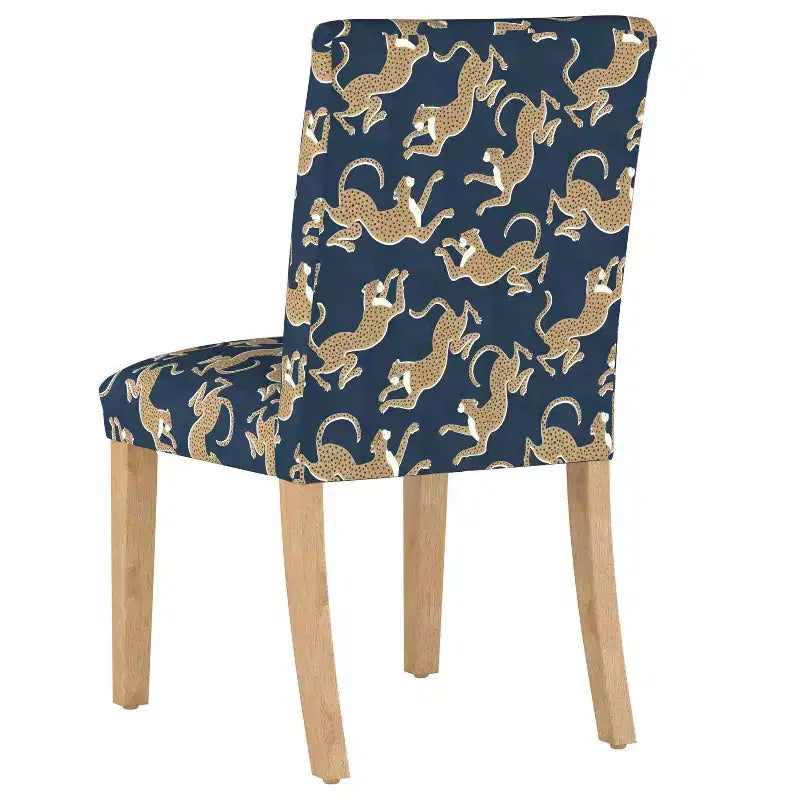 Upholstered Dining Chair with Animal Theme, Barrel Back, Rubberwood Legs, Linen Cotton Fabric