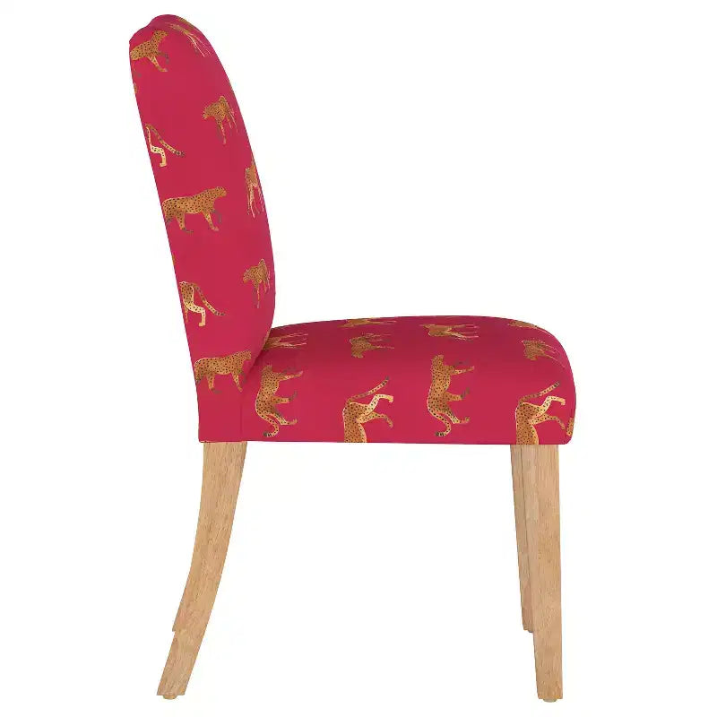 Upholstered Dining Chair with Animal Theme, Barrel Back, Rubberwood Legs, Linen Cotton Fabric
