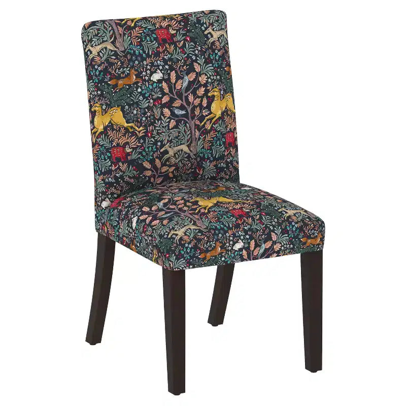 Upholstered Dining Chair with Animal Theme, Barrel Back, Rubberwood Legs, Linen Cotton Fabric