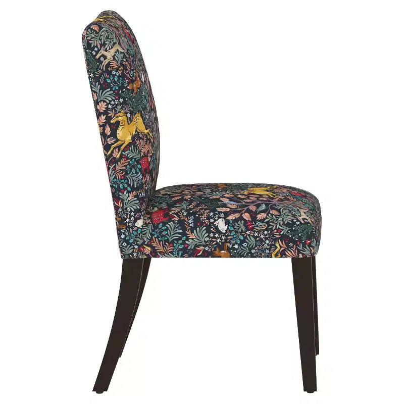 Upholstered Dining Chair with Animal Theme, Barrel Back, Rubberwood Legs, Linen Cotton Fabric