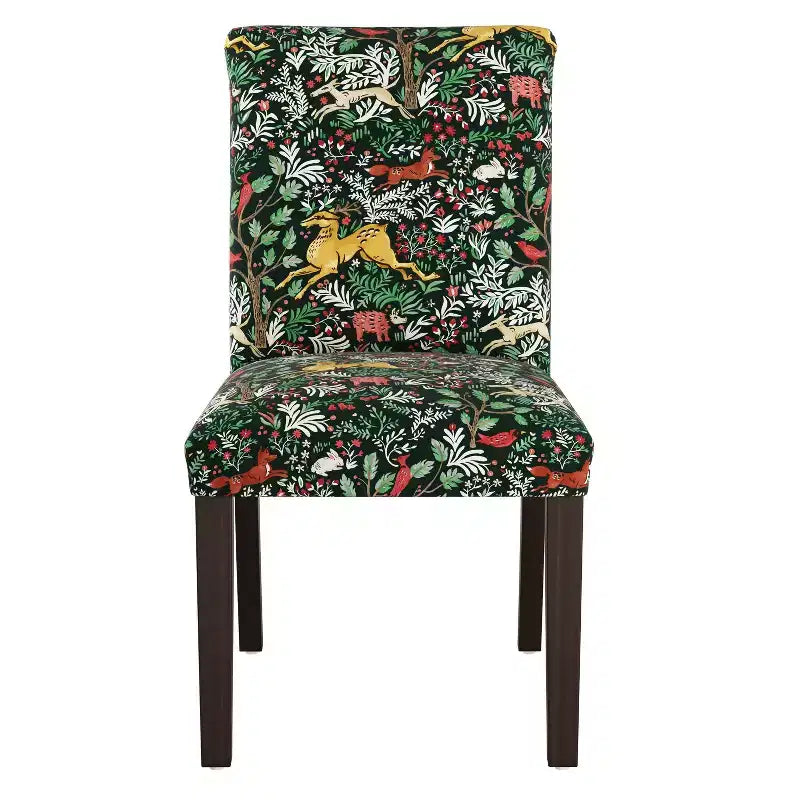 Upholstered Dining Chair with Animal Theme, Barrel Back, Rubberwood Legs, Linen Cotton Fabric