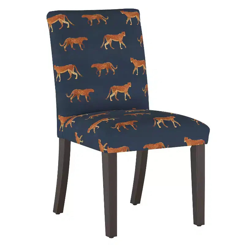 Upholstered Dining Chair with Animal Theme, Barrel Back, Rubberwood Legs, Linen Cotton Fabric