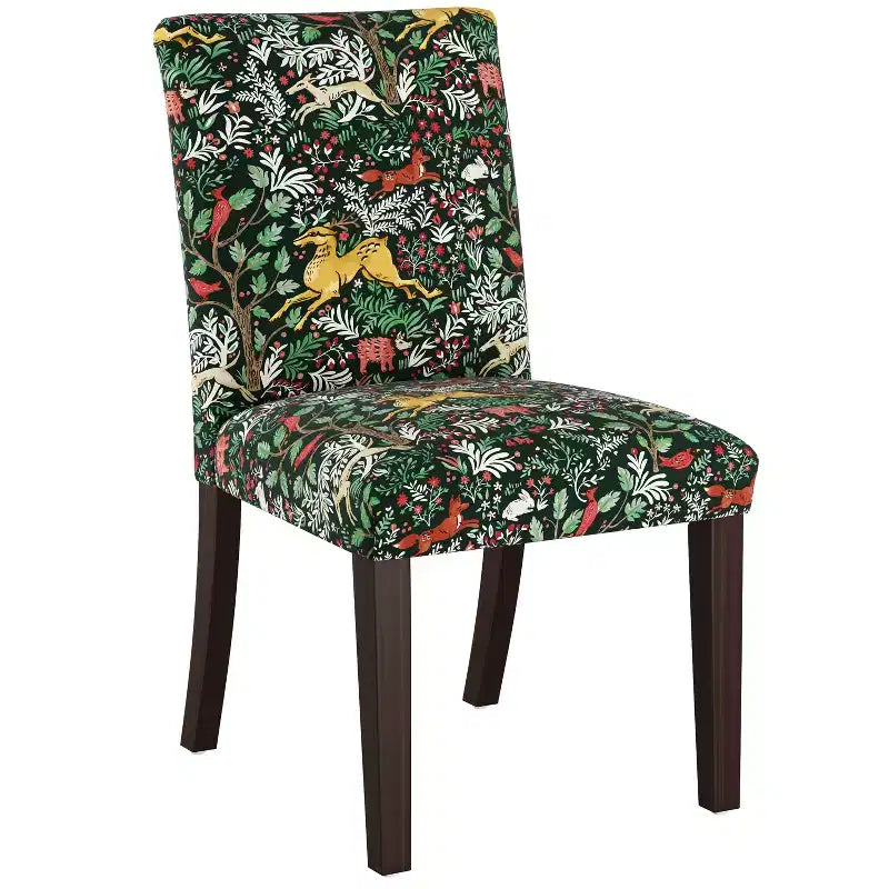 Upholstered Dining Chair with Animal Theme, Barrel Back, Rubberwood Legs, Linen Cotton Fabric