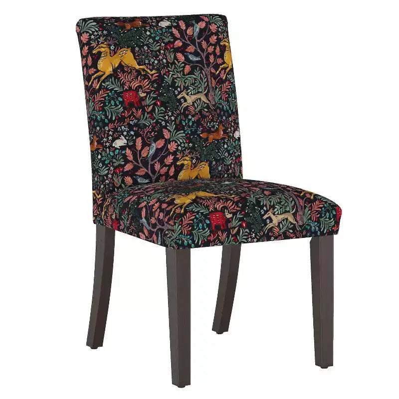 Upholstered Dining Chair with Animal Theme, Barrel Back, Rubberwood Legs, Linen Cotton Fabric