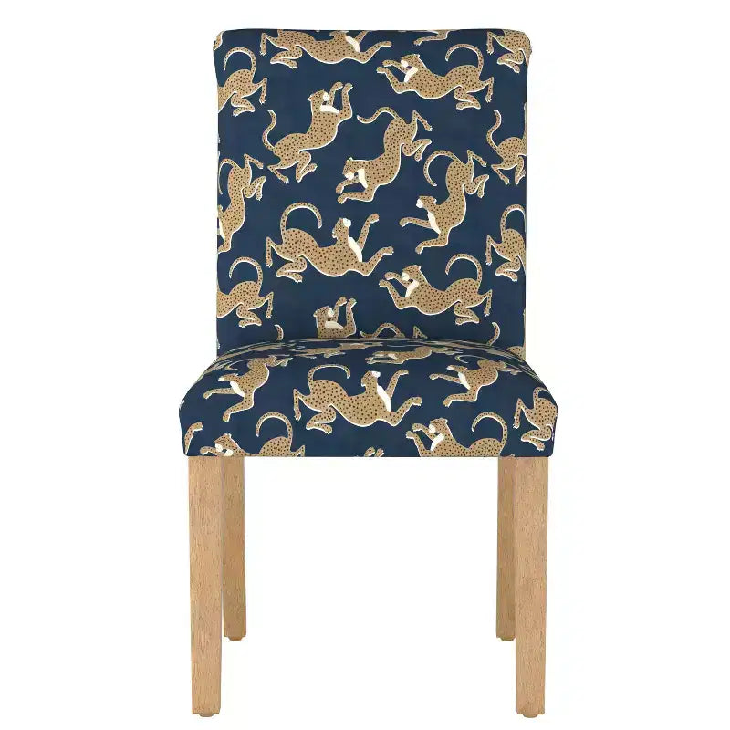 Upholstered Dining Chair with Animal Theme, Barrel Back, Rubberwood Legs, Linen Cotton Fabric
